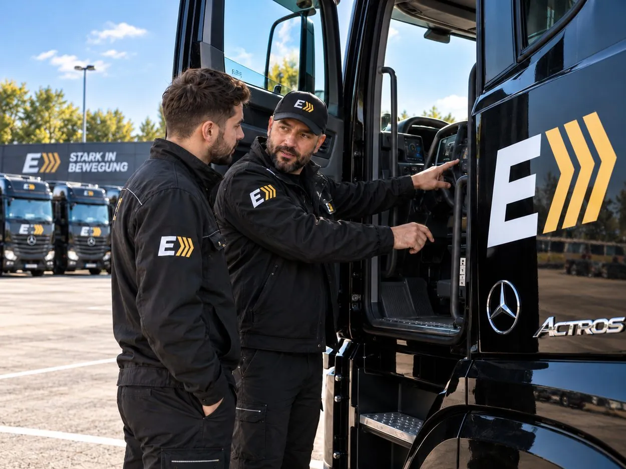 Erfahrener Fahrer weist einen neuen Kollegen in die Kabine ein, KI-generiertes Bild