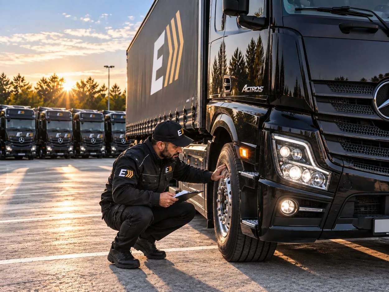 Fahrer bei der Abfahrtskontrolle am Vorderrad, KI-generiertes Bild